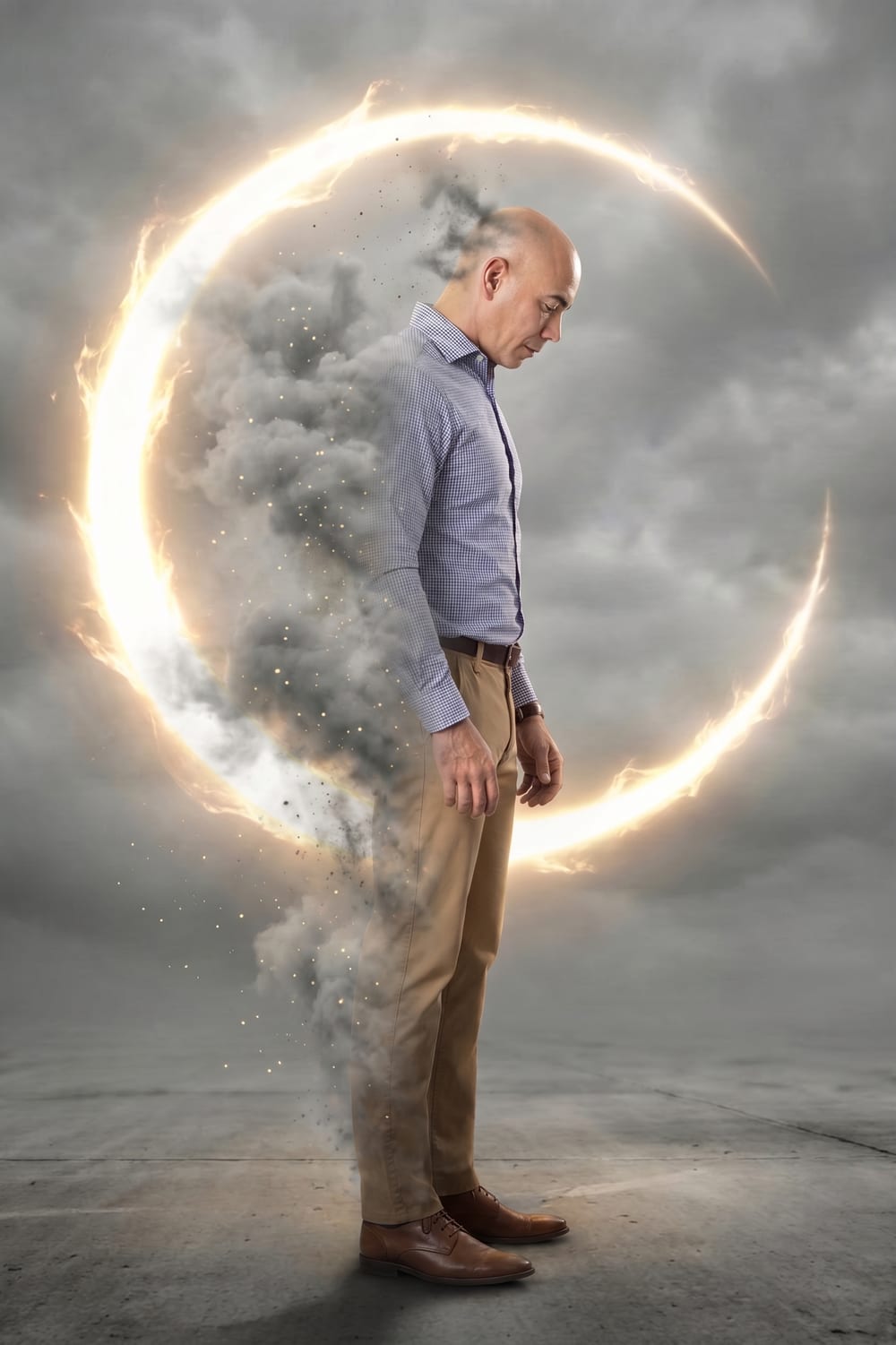 César Chan Krauss de perfil ante un eclipse de fuego — la maquinaria del símbolo