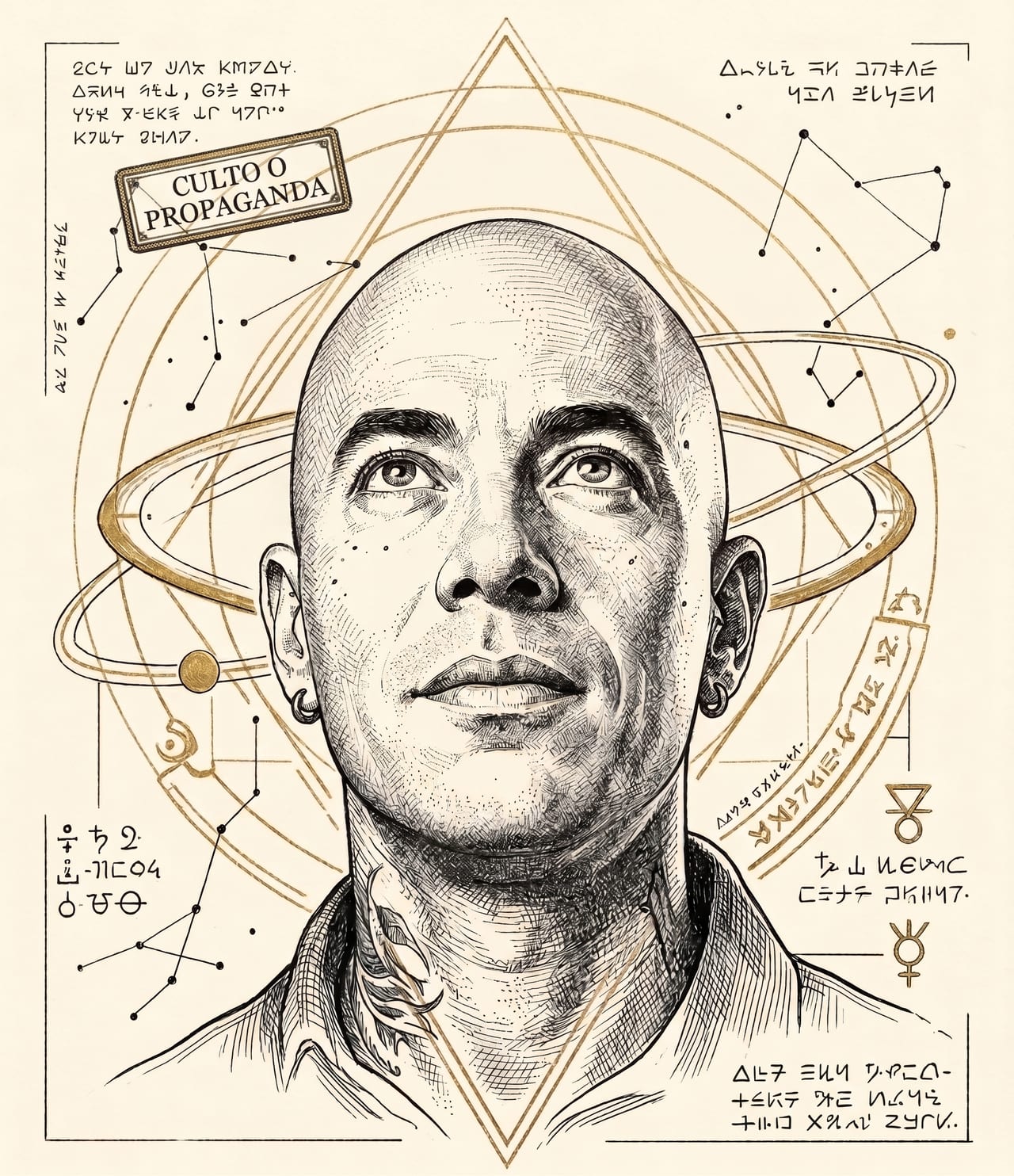 César Chan Krauss en retrato editorial rodeado de símbolos esotéricos — «Culto o propaganda»